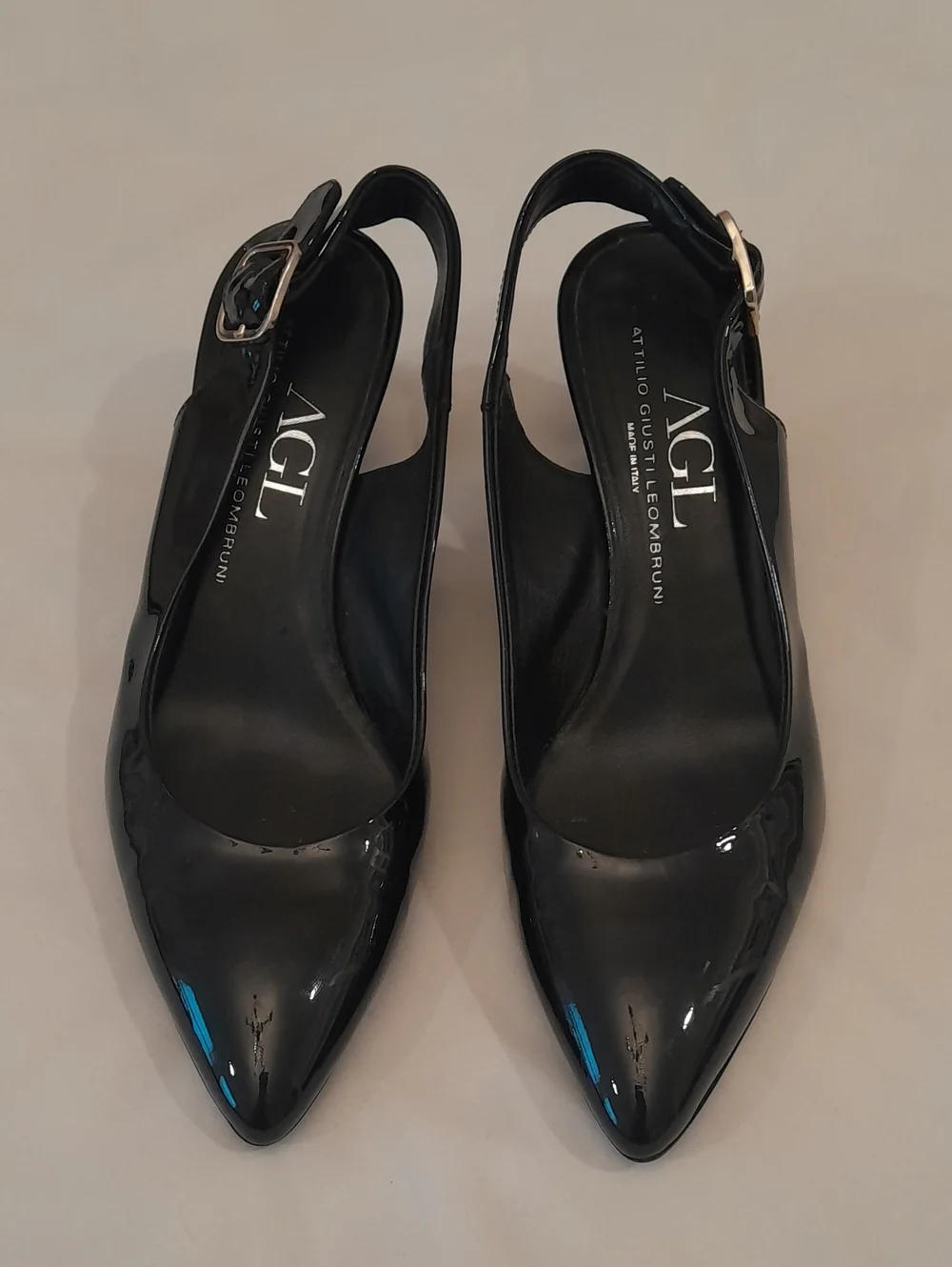 AGL Black Patent Slingback Pointed-Toe Pumps with Buckle, US 9